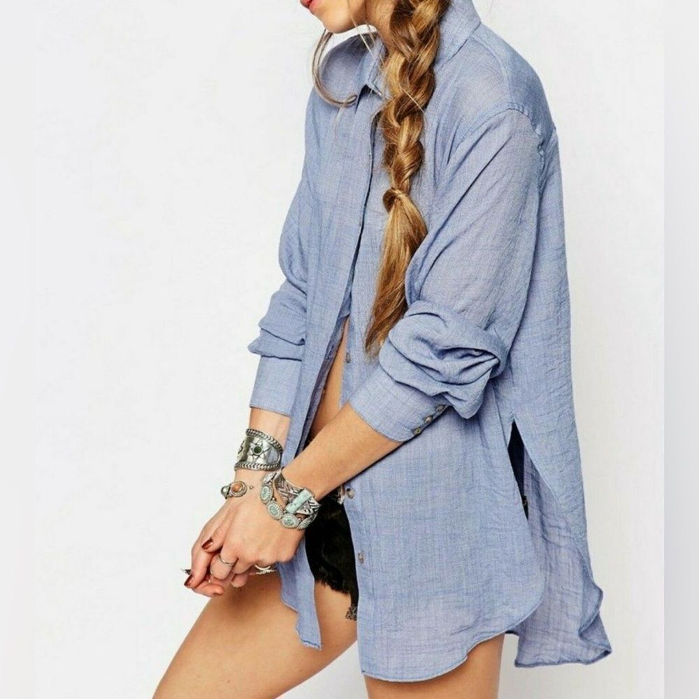 Free People Thats a Wrap Shirt in Chambray Combo Blue - Picture 6 of 14